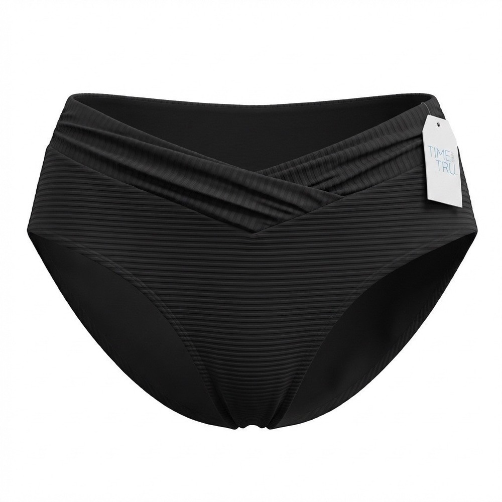 TIME & TRU Mid-Rise V-Front Bikini Swim Bottoms 3X (24W-26W) Black Ribbed NEW
